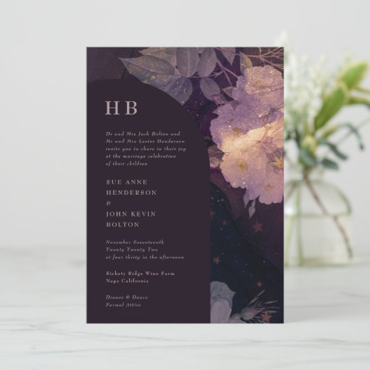 ラグジュアリーエレガントモノグラムダークボホフローラアーチ 招待状 (スタンド正面)