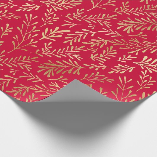 ラグジュアリーエレガントレッド金ゴールドリーフパターンクリスマス ラッピングペーパー (角)