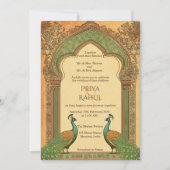ラグジュアリーエレガントヴィンテージ金ゴールドピーコックインディアン結婚ズ 招待状 (正面)