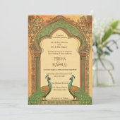 ラグジュアリーエレガントヴィンテージ金ゴールドピーコックインディアン結婚ズ 招待状 (スタンド正面)