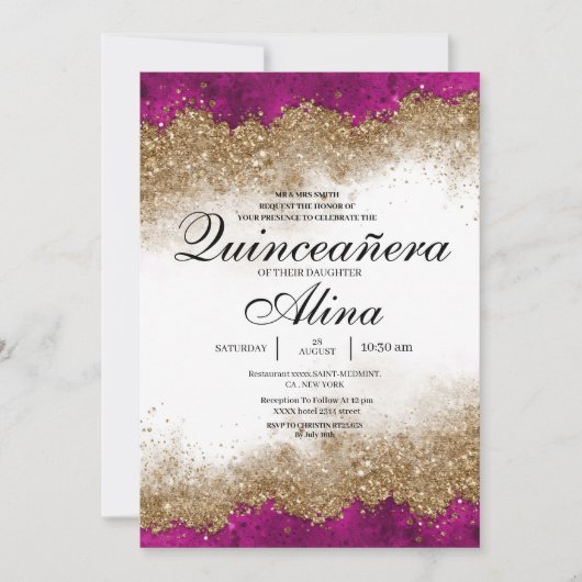 ラグジュアリーエレガント明るい赤紫色ホットピンク&金ゴールドキンセアニラ 招待状 (正面)