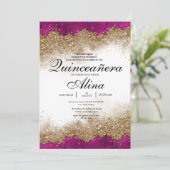 ラグジュアリーエレガント明るい赤紫色ホットピンク&金ゴールドキンセアニラ 招待状 (スタンド正面)