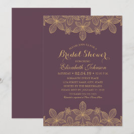 ラグジュアリーエレガント金ゴールドレースプラムパープルブライダルシャワー 招待状