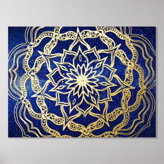 ラグジュアリーエレガント金ゴールド&ネイビーブルーマンダラ霊気ヨガ 箔ポスター (正面)