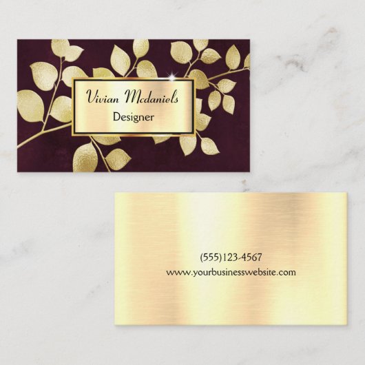 ラグジュアリーエレガント金ゴールド&ブルグンディ葉ズズ 名刺 (正面/裏面)