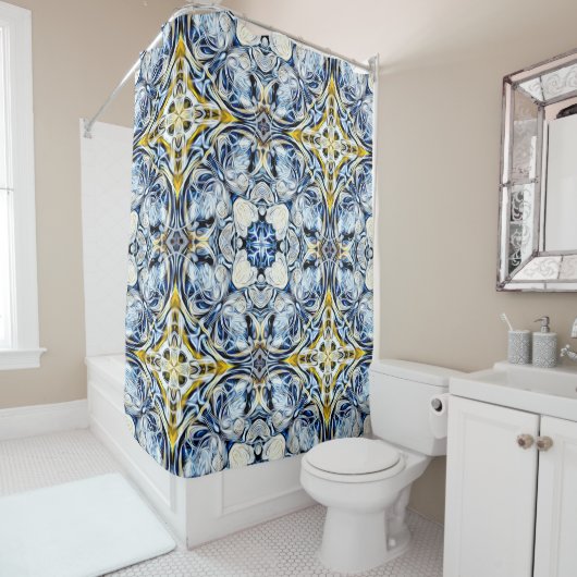 ラグジュアリーエレガント、つる植物、マスタードイエロー、ネイビーブルー シャワーカーテン (インサイチュ)