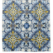 ラグジュアリーエレガント、つる植物、マスタードイエロー、ネイビーブルー シャワーカーテン (正面)