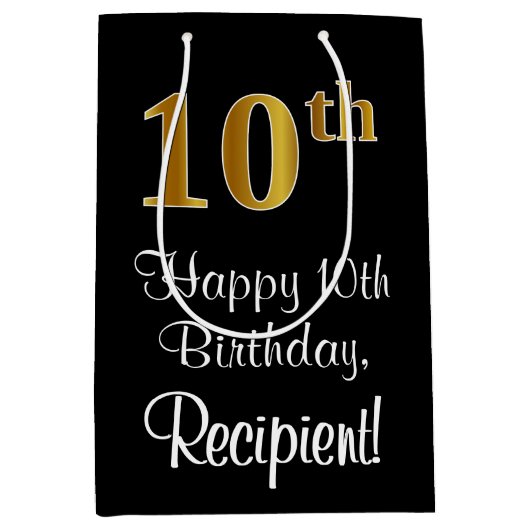 ラグジュアリーエレガント、フェイク金ゴールドルック10誕生日 ミディアムペーパーバッグ (正面)