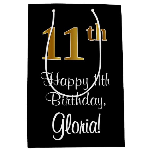 ラグジュアリーエレガント、フェイク金ゴールドルック11誕生日 ミディアムペーパーバッグ (正面)