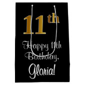 ラグジュアリーエレガント、フェイク金ゴールドルック11誕生日 ミディアムペーパーバッグ (裏面)