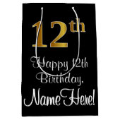 ラグジュアリーエレガント、フェイク金ゴールドルック12誕生日 ミディアムペーパーバッグ (正面)