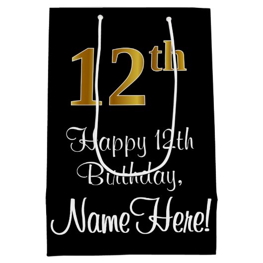 ラグジュアリーエレガント、フェイク金ゴールドルック12誕生日 ミディアムペーパーバッグ (裏面)