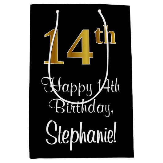 ラグジュアリーエレガント、フェイク金ゴールドルック14th誕生日 ミディアムペーパーバッグ (正面)