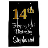 ラグジュアリーエレガント、フェイク金ゴールドルック14th誕生日 ミディアムペーパーバッグ (裏面)