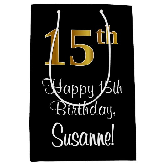 ラグジュアリーエレガント、フェイク金ゴールドルック15誕生日 ミディアムペーパーバッグ (正面)