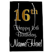 ラグジュアリーエレガント、フェイク金ゴールドルック16誕生日 ミディアムペーパーバッグ (正面)