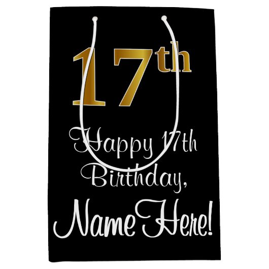 ラグジュアリーエレガント、フェイク金ゴールドルック17th誕生日 ミディアムペーパーバッグ (正面)