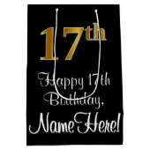 ラグジュアリーエレガント、フェイク金ゴールドルック17th誕生日 ミディアムペーパーバッグ (裏面)