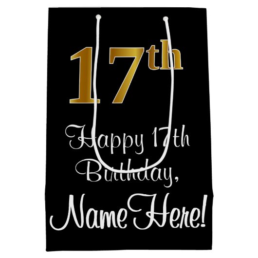 ラグジュアリーエレガント、フェイク金ゴールドルック17th誕生日 ミディアムペーパーバッグ (裏面)