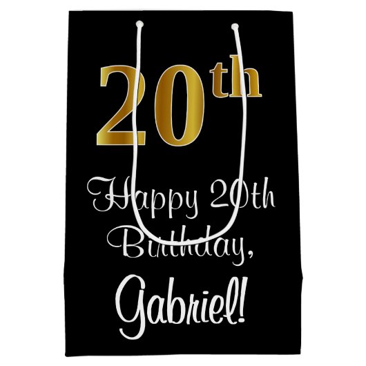 ラグジュアリーエレガント、フェイク金ゴールドルック20誕生日 ミディアムペーパーバッグ (裏面)