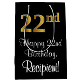 ラグジュアリーエレガント、フェイク金ゴールドルック22番目の誕生日 ミディアムペーパーバッグ (正面)