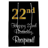 ラグジュアリーエレガント、フェイク金ゴールドルック22番目の誕生日 ミディアムペーパーバッグ (裏面)