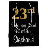 ラグジュアリーエレガント、フェイク金ゴールドルック23番目の誕生日 ミディアムペーパーバッグ (正面)