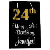 ラグジュアリーエレガント、フェイク金ゴールドルック24th誕生日 ミディアムペーパーバッグ (正面)