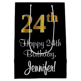 ラグジュアリーエレガント、フェイク金ゴールドルック24th誕生日 ミディアムペーパーバッグ