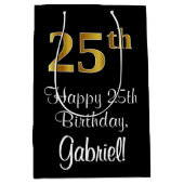 ラグジュアリーエレガント、フェイク金ゴールドルック25誕生日 ミディアムペーパーバッグ (正面)
