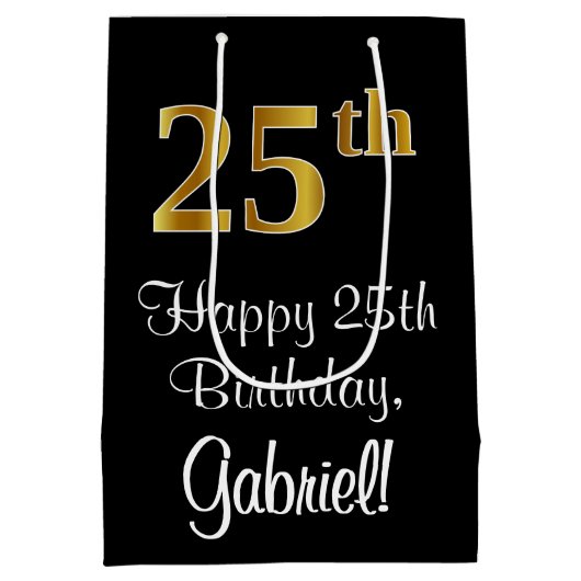 ラグジュアリーエレガント、フェイク金ゴールドルック25誕生日 ミディアムペーパーバッグ (裏面)