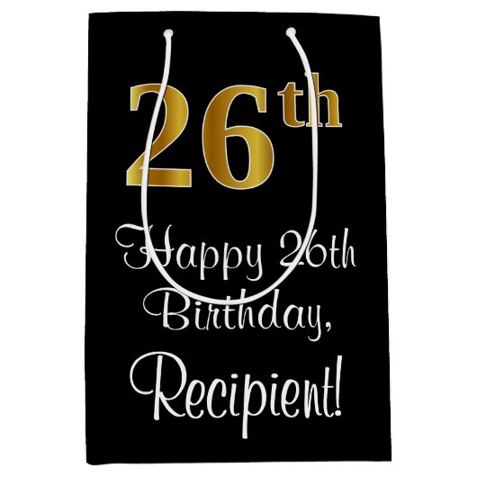 ラグジュアリーエレガント、フェイク金ゴールドルック26誕生日 ミディアムペーパーバッグ (正面)