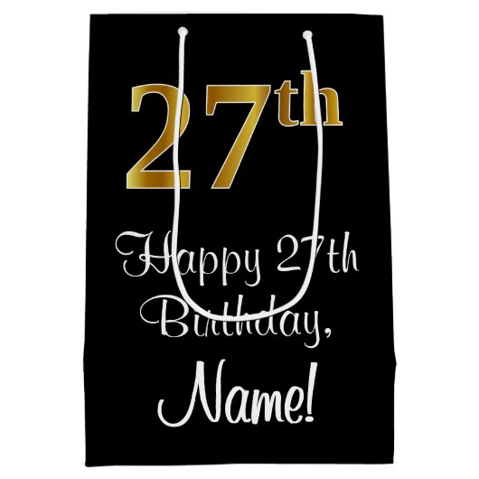 ラグジュアリーエレガント、フェイク金ゴールドルック27th誕生日 ミディアムペーパーバッグ (裏面)