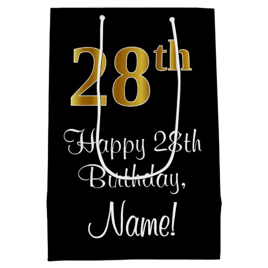 ラグジュアリーエレガント、フェイク金ゴールドルック28誕生日 ミディアムペーパーバッグ (裏面)
