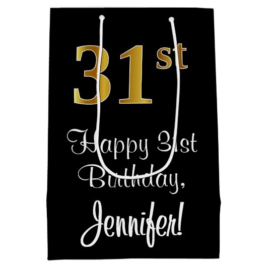 ラグジュアリーエレガント、フェイク金ゴールドルック31st誕生日 ミディアムペーパーバッグ (裏面)