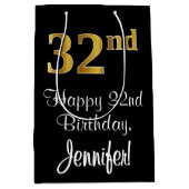 ラグジュアリーエレガント、フェイク金ゴールドルック32番目の誕生日 ミディアムペーパーバッグ (正面)