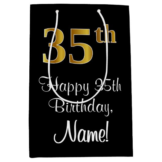 ラグジュアリーエレガント、フェイク金ゴールドルック35誕生日 ミディアムペーパーバッグ (正面)