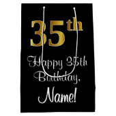 ラグジュアリーエレガント、フェイク金ゴールドルック35誕生日 ミディアムペーパーバッグ (裏面)