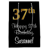 ラグジュアリーエレガント、フェイク金ゴールドルック37誕生日 ミディアムペーパーバッグ (裏面)