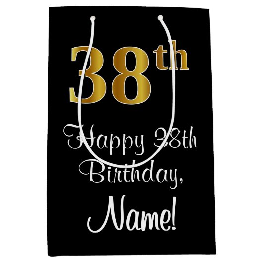 ラグジュアリーエレガント、フェイク金ゴールドルック38誕生日 ミディアムペーパーバッグ (正面)