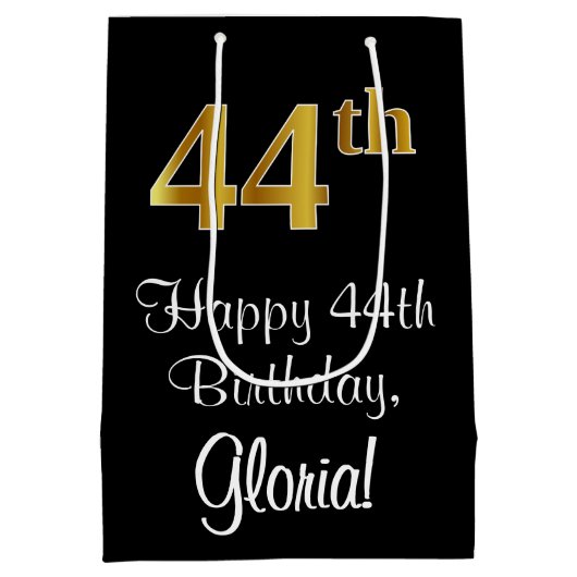 ラグジュアリーエレガント、フェイク金ゴールドルック44th誕生日 ミディアムペーパーバッグ (裏面)