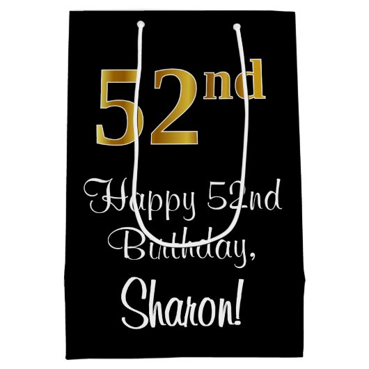 ラグジュアリーエレガント、フェイク金ゴールドルック52番目の誕生日 ミディアムペーパーバッグ (裏面)