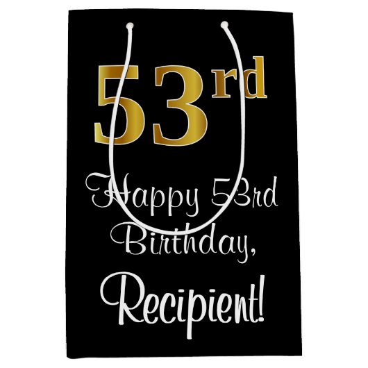 ラグジュアリーエレガント、フェイク金ゴールドルック53番目の誕生日 ミディアムペーパーバッグ (正面)