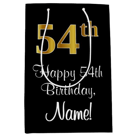 ラグジュアリーエレガント、フェイク金ゴールドルック54th誕生日 ミディアムペーパーバッグ (正面)