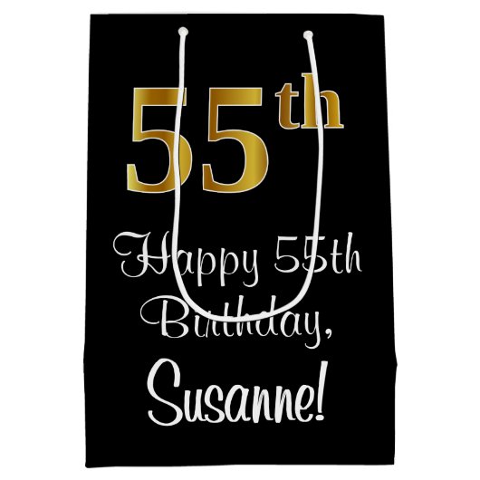 ラグジュアリーエレガント、フェイク金ゴールドルック55誕生日 ミディアムペーパーバッグ (裏面)