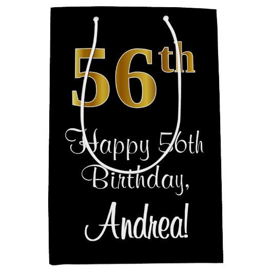 ラグジュアリーエレガント、フェイク金ゴールドルック56誕生日 ミディアムペーパーバッグ (正面)