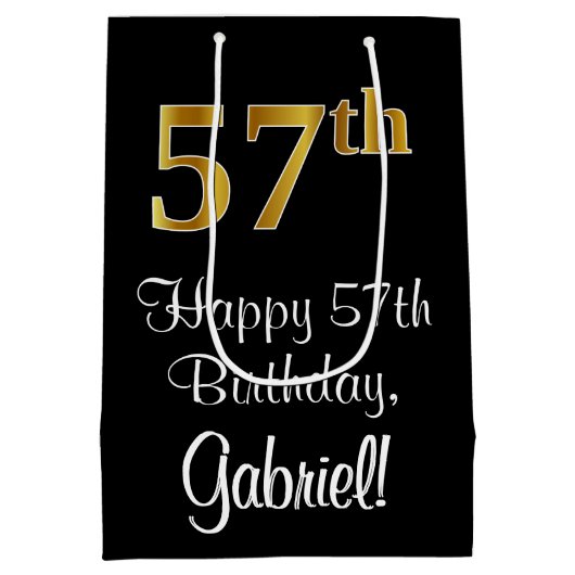ラグジュアリーエレガント、フェイク金ゴールドルック57th誕生日 ミディアムペーパーバッグ (裏面)