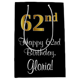 ラグジュアリーエレガント、フェイク金ゴールドルック62番目の誕生日 ミディアムペーパーバッグ