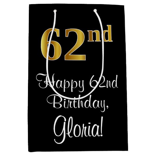 ラグジュアリーエレガント、フェイク金ゴールドルック62番目の誕生日 ミディアムペーパーバッグ (正面)