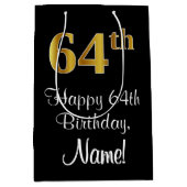 ラグジュアリーエレガント、フェイク金ゴールドルック64th誕生日 ミディアムペーパーバッグ (正面)